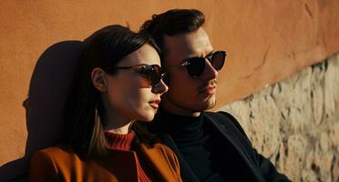 ai generado hombre y mujer vistiendo Gafas de sol sentado en frente de un pared foto