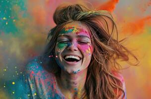 AI generated happy chick full of colored powder colorful background photo