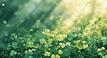 AI generated green field of shamrocks background with light rays photo