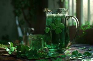 AI generated in a glass pitcher, a shamrock beer is sitting next to a couple of clover leaves photo