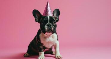 ai generado pequeño francés buldog fiesta sombrero aislado en rosado foto