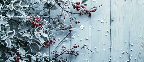 ai generado acebo ramas y nieve cubierto arboles en un de madera superficie foto