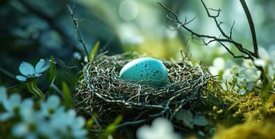 ai generado uno Pascua de Resurrección huevos nido en un jardín foto