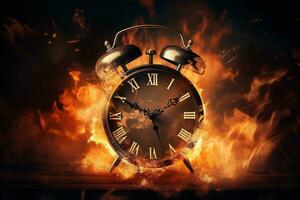 AI generated Alarm clock on fire background. Time is running out concept. photo