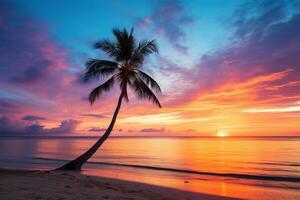 AI generated Beautiful nature tropical beach and sea with coconut palm tree at sunset time for travel and vacation photo