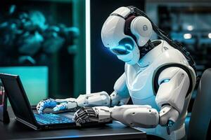 AI generated Robot humanoid working on a computer in a nightclub photo