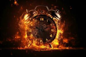 AI generated Alarm clock on fire background. Time is running out concept. photo