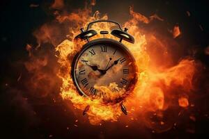 AI generated Alarm clock on fire background. Time is running out concept. photo