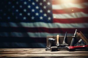 AI generated tools on a wooden table against the background of the American flag photo