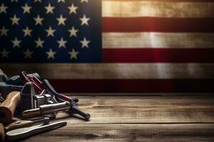 AI generated tools on a wooden table against the background of the American flag photo