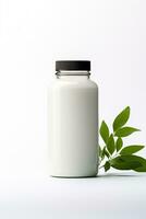 AI generated Blank cosmetic bottle with green leaves on white background photo