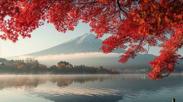 AI generated Fuji Mountain and Lake Kawaguchiko in autumn season, Japan photo