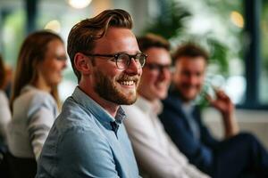 AI generated Group of business people having a meeting at creative office photo