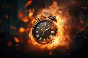 AI generated Alarm clock on fire background. Time is running out concept. photo