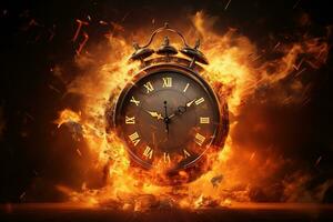 AI generated Alarm clock on fire background. Time is running out concept. photo