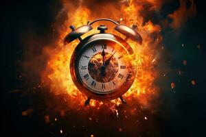 AI generated Alarm clock on fire background. Time is running out concept. photo