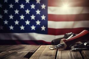 AI generated tools on a wooden table against the background of the American flag photo