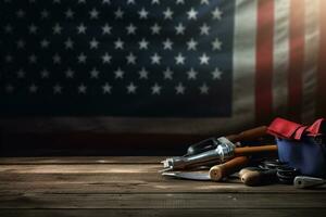 AI generated tools on a wooden table against the background of the American flag photo