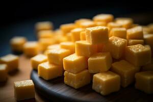 ai generado de cerca de un plato de amarillo queso cubitos. foto