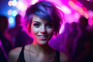 AI generated Portrait of a beautiful girl with short hair dancing in a nightclub photo