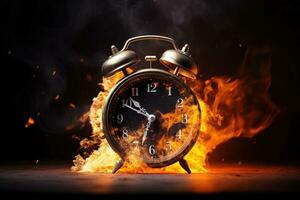 AI generated Alarm clock on fire background. Time is running out concept. photo