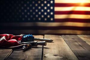 AI generated tools on a wooden table against the background of the American flag photo