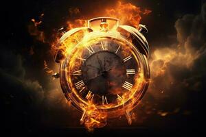 AI generated Alarm clock on fire background. Time is running out concept. photo