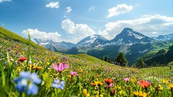 ai generado vistoso prado con flores silvestres y montañas en el antecedentes foto