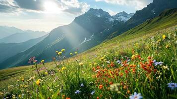 AI generated Colorful meadow with wildflowers and mountains in the background photo