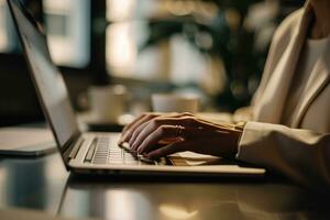 AI generated Close up of female hands typing on laptop keyboard at table in cafe photo