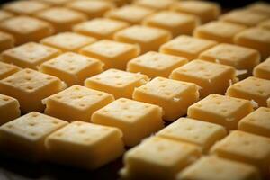 AI generated Close-up of a plate of yellow cheese cubes. photo