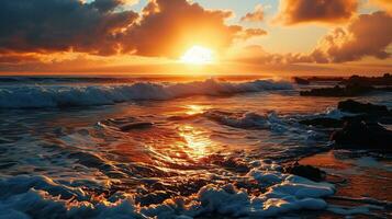 ai generado hermosa puesta de sol en el playa. mar olas y salpicaduras foto