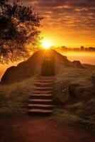 AI generated Sunrise over a megalithic tomb photo