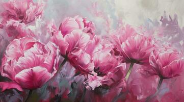 AI generated oil painting on canvas of pink tulips photo