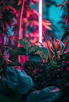AI generated neon green plants with a neon light photo