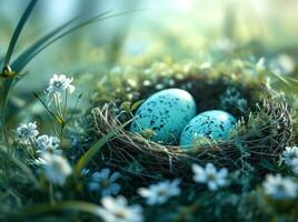 AI generated easter eggs nest sitting among tall grass and flowers photo