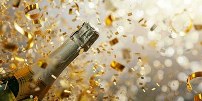 ai generado nuevo año champán botella y oro papel picado foto