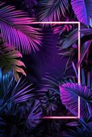AI generated neon square frame background in tropical leaves photo
