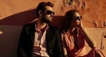 AI generated man and woman wearing sunglasses sitting in front of a wall photo