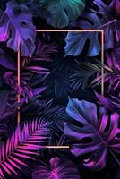 AI generated neon square frame background in tropical leaves photo