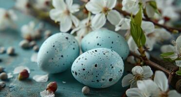 AI generated pastel bluecolored easter eggs and flowers on the background photo