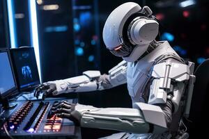 ai generado robot humanoide trabajando en un computadora en un Club nocturno foto