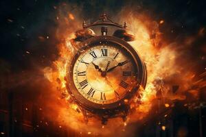 AI generated Alarm clock on fire background. Time is running out concept. photo