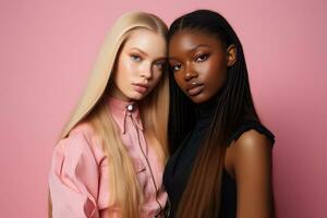 AI generated fashionable Two young multiracial women posing together isolated on pink background photo