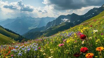 ai generado vistoso prado con flores silvestres y montañas en el antecedentes foto