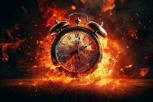 AI generated Alarm clock on fire background. Time is running out concept. photo