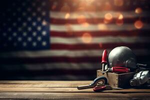 AI generated tools on a wooden table against the background of the American flag photo