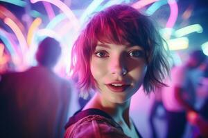 AI generated Portrait of a beautiful girl with short hair dancing in a nightclub photo