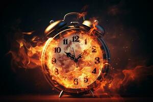 AI generated Alarm clock on fire background. Time is running out concept. photo