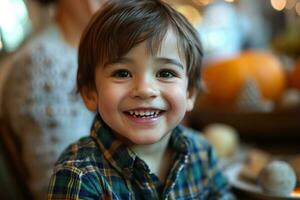 ai generado contento joven chico sonriente en un otoño fiesta fiesta foto